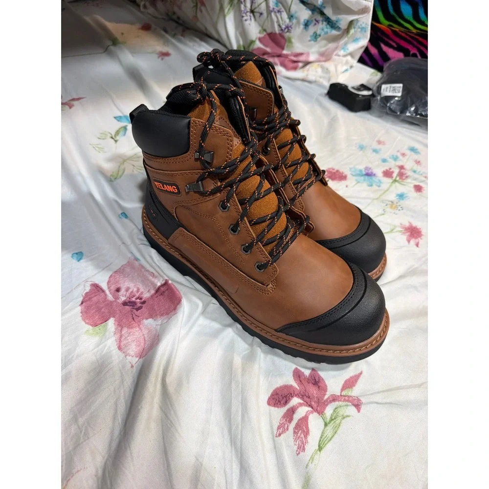 Yelang Mens Steel Toe Work Boots Brown Leather Industrial Safety Shoes 8.5EW